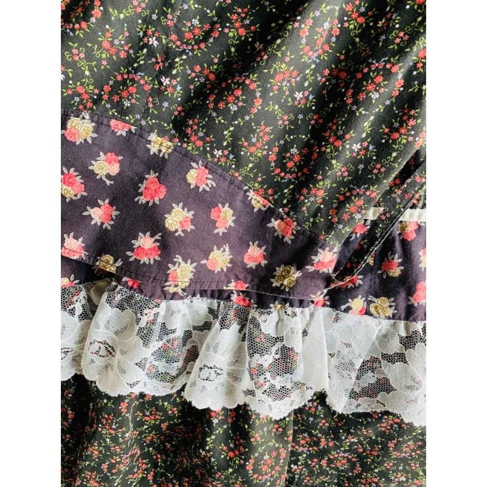 Vintage 70s Prairie Peasant Maxi Skirt Sz S Black Floral Calico Print Lace - Picture 5 of 9